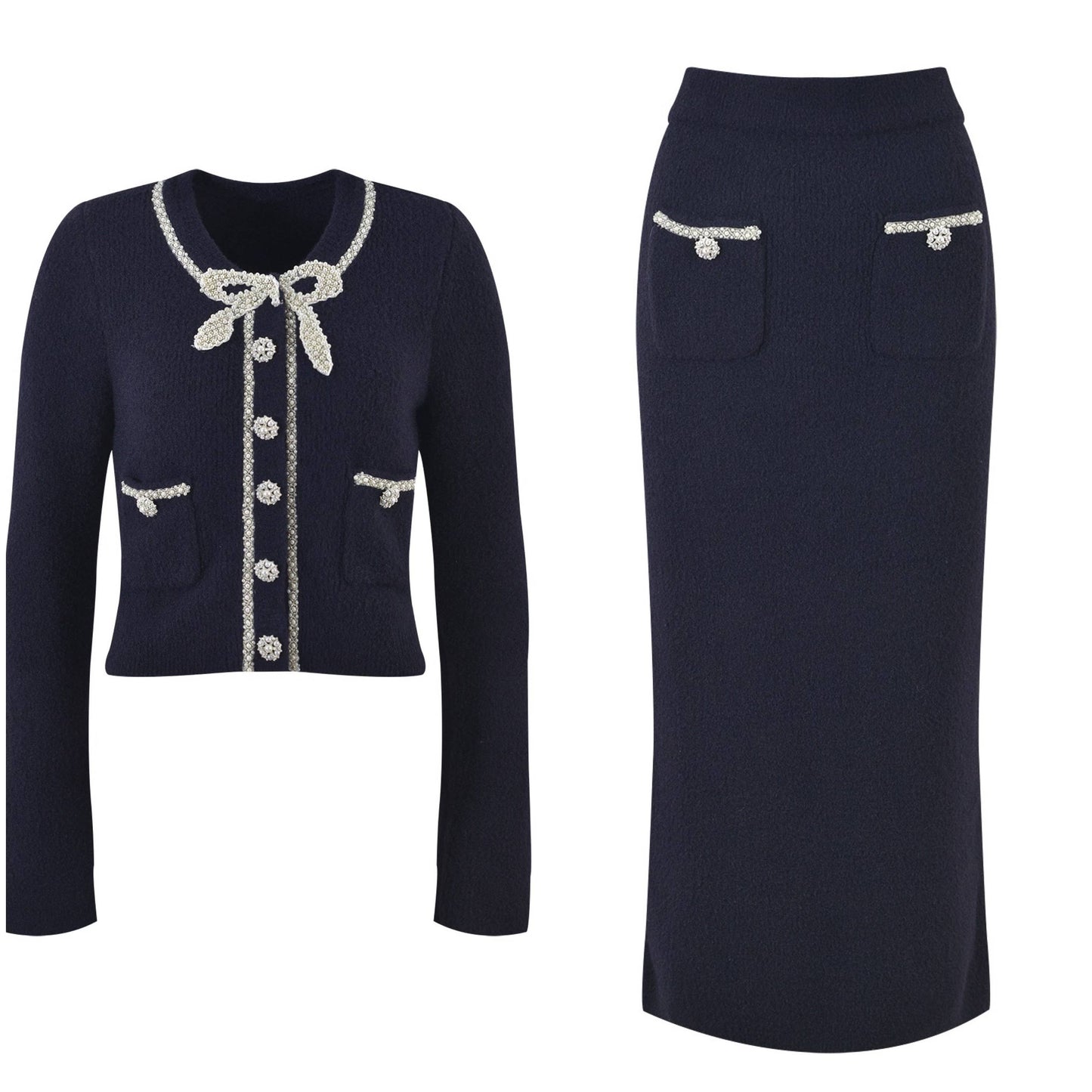 SET247 Autumn Tweed Knit Set with Pearls and Bow Details