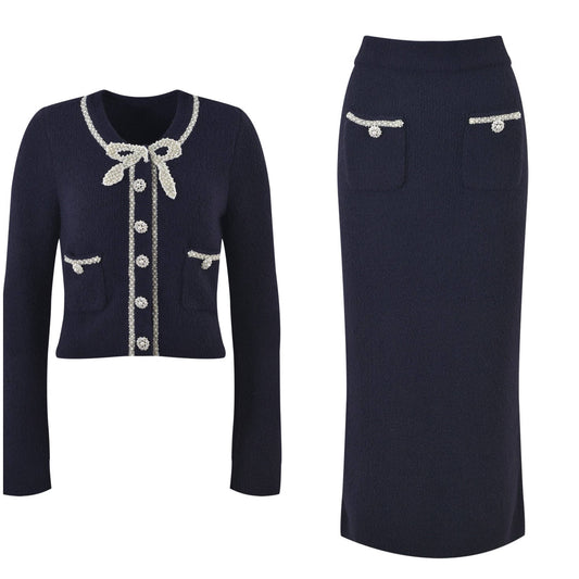 SET247 Autumn Tweed Knit Set with Pearls and Bow Details