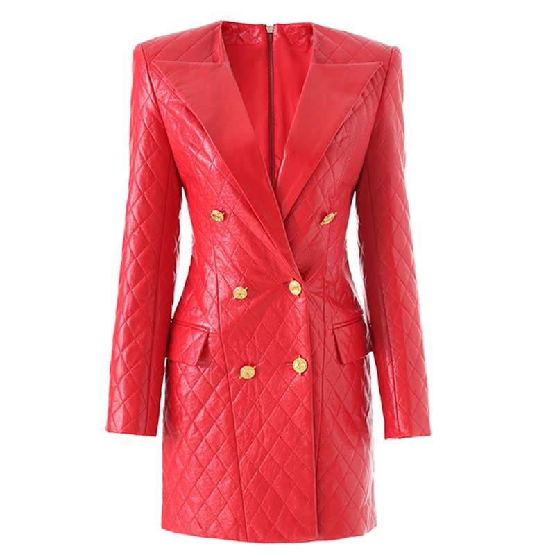 85Y Vintage Red Quilted Leather Blazer Women Slim Fit Jacket