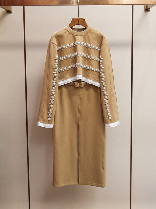 SET202 Autumn Pearl-Embroidered Sweatshirt & Skirt Set