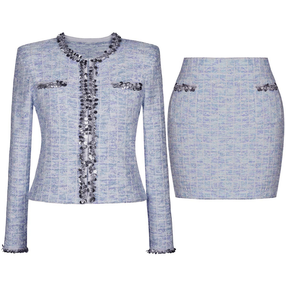 SET95 Knitted Sequin Wool Cardigan & Skirt Set for Seasons