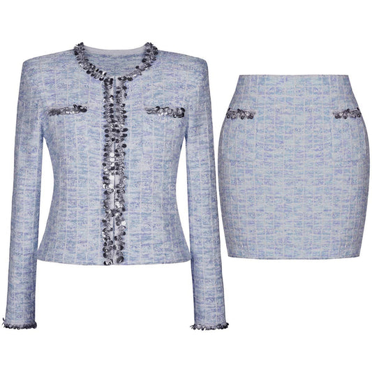 SET95 Knitted Sequin Wool Cardigan & Skirt Set for Seasons