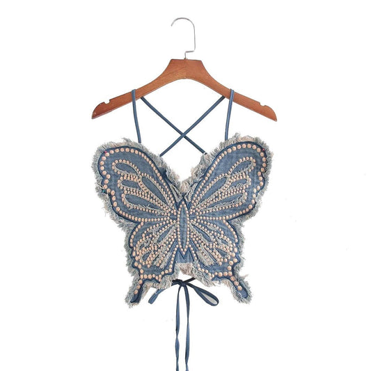 VE10 Butterfly Print Slim Fit Camisole with Rivet Accents