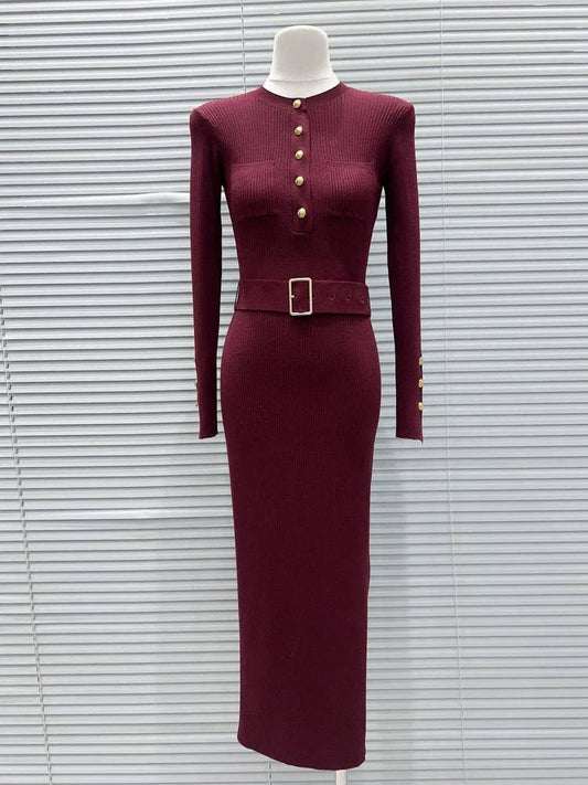 DR943Y Round Neck Slim Knit Dress with Belt and Side Slit