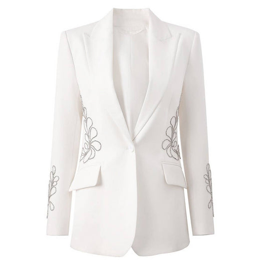 BL15Y White Beaded Single-Button Blazer for Spring & Fall