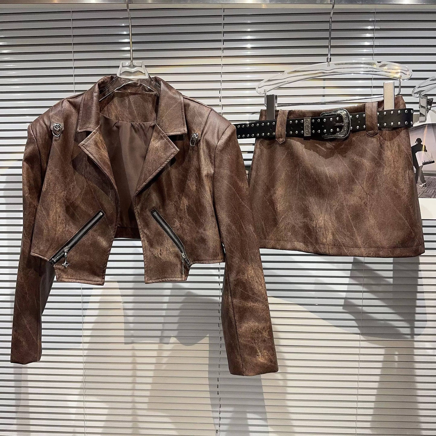 SET220Y Autumn PU Leather Jacket with Studded Belt Skirt Set