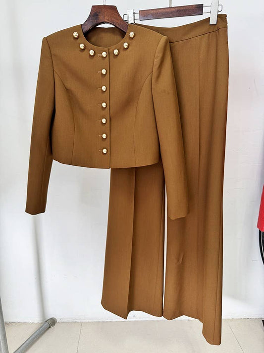 SET269Y Chic Button Short Jacket and Wide-Leg Pants Set