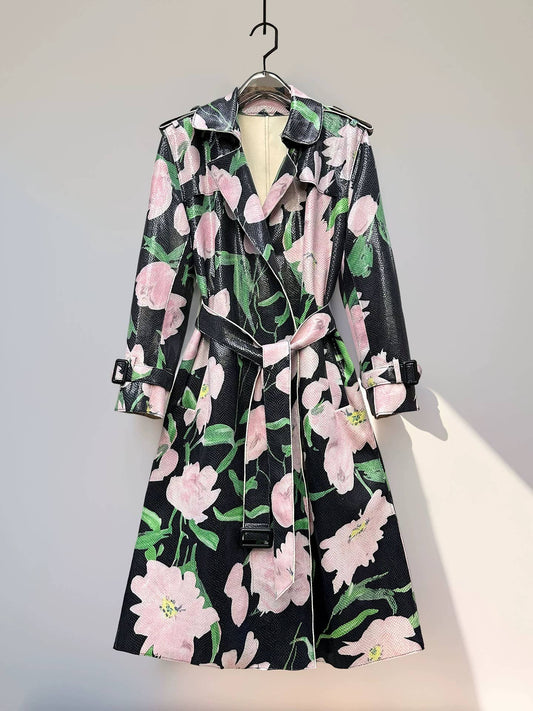 110Y Elegant Printed PU Lapel Belted Long-Sleeve Trench Coat