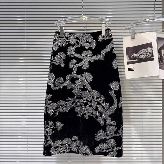 SK86 Velvet Midi Pencil Skirt with Sequin Embroidered Design