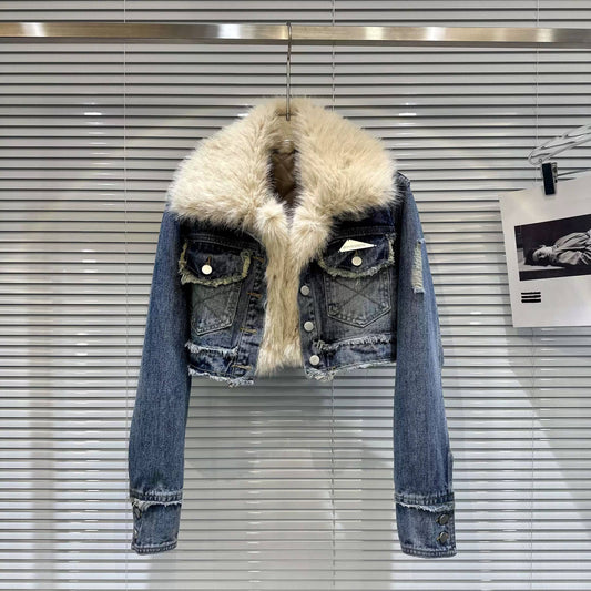 58Y Autumn Winter Gradient Denim Jacket with Faux Fur Collar