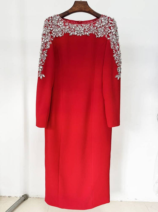 56Y Red Mesh Beaded Diamond Mid-Length Dress with Elegance