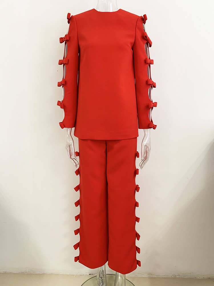 SET095 Chic Bow-Top & Pants Set - Elegance for Every Occasio