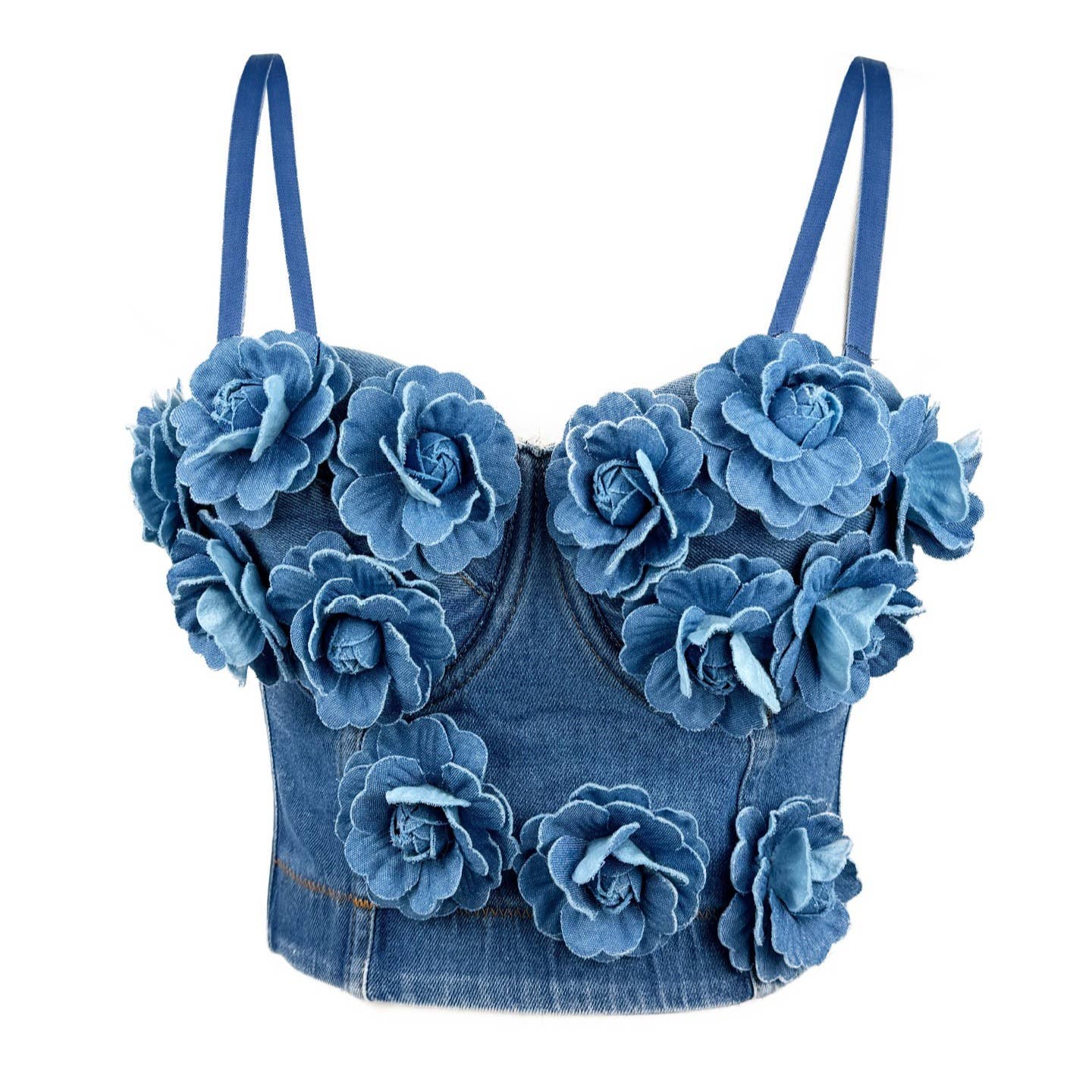 VE20Y Embellished Denim Herringbone Camisole Bra Top
