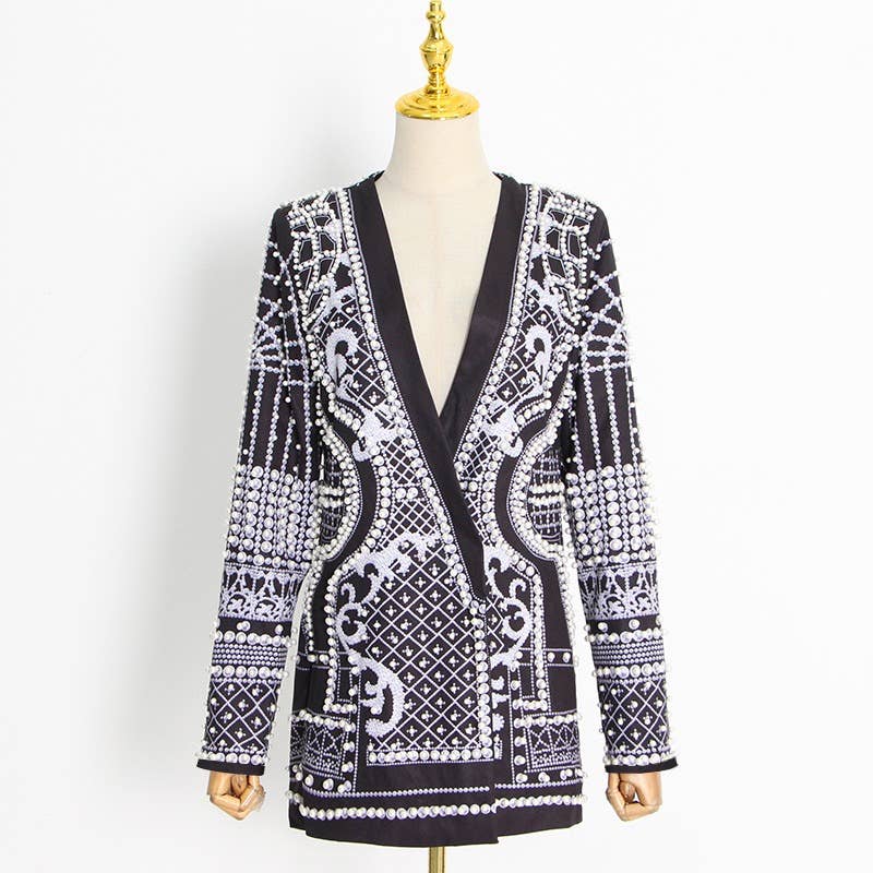 BL052 Bubble Bead Print V-neck Midi Blazer