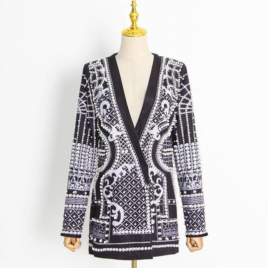 BL052 Bubble Bead Print V-neck Midi Blazer