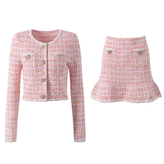 SET9-9Y Chic Pink Tweed Skirt Set - Elegant & Stylish