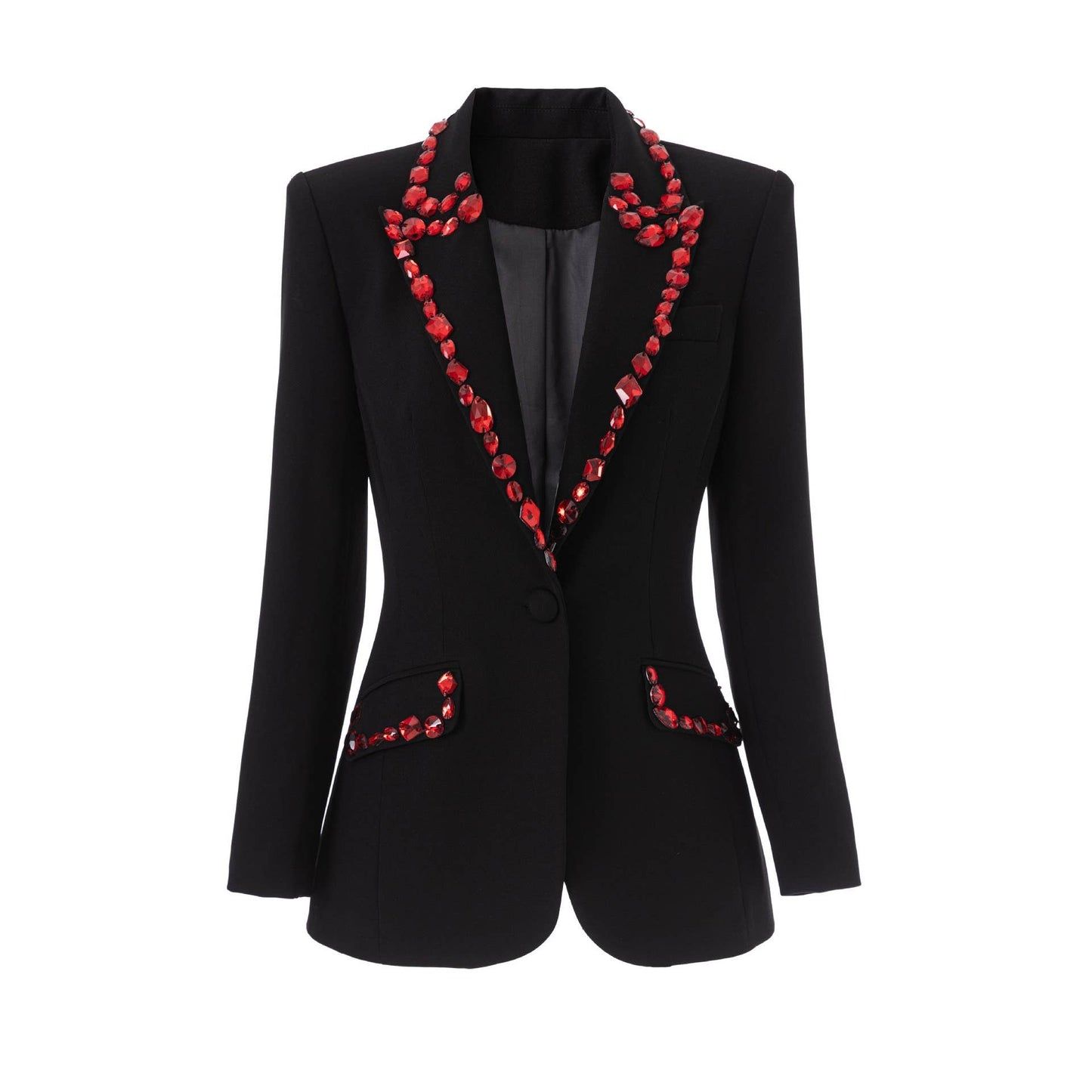 BL21Y Slim Black Blazer with Red Gem Party Detailing