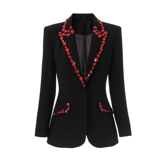 BL21Y Slim Black Blazer with Red Gem Party Detailing