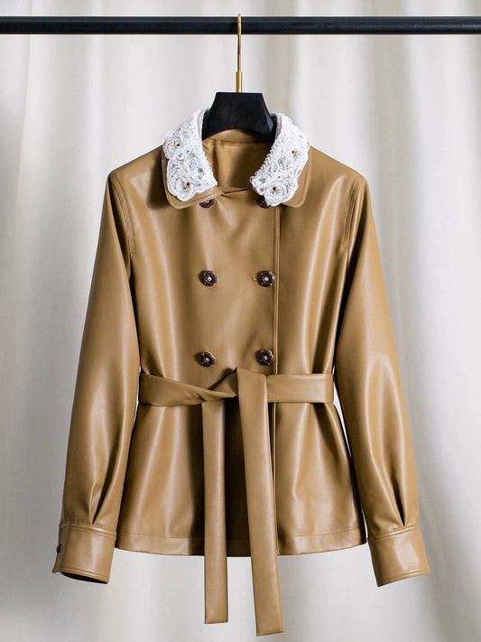 101Y Khaki PU Double-Breasted Lace Collar Waist Belt Jacket
