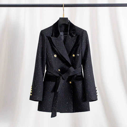 BL50Y Velvet Lapel Wool Blend Belted Blazer for Women