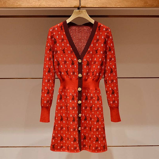 DR887 2025 V-Neck Jacquard Knitted A-Line Dress for Holidays