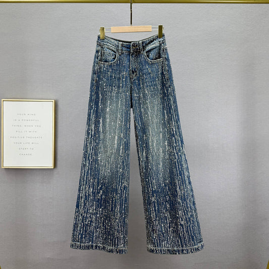 PT39Y All Over Rhinestone High Waist Wide Leg Jeans