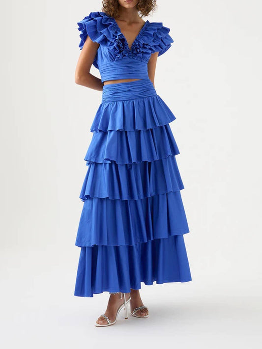 SET151 V-Neck Lace Top & Tiered Dress Set - Summer Chic