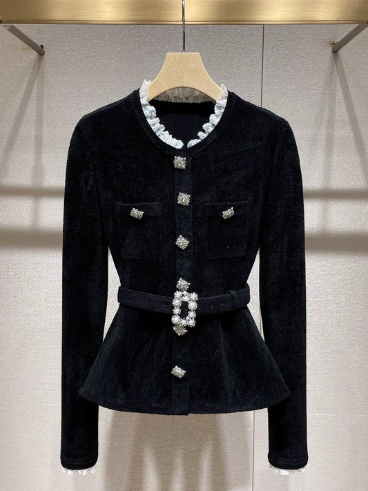 JK279Y Velvet Lace Patchwork Rhinestone Waist Jacket