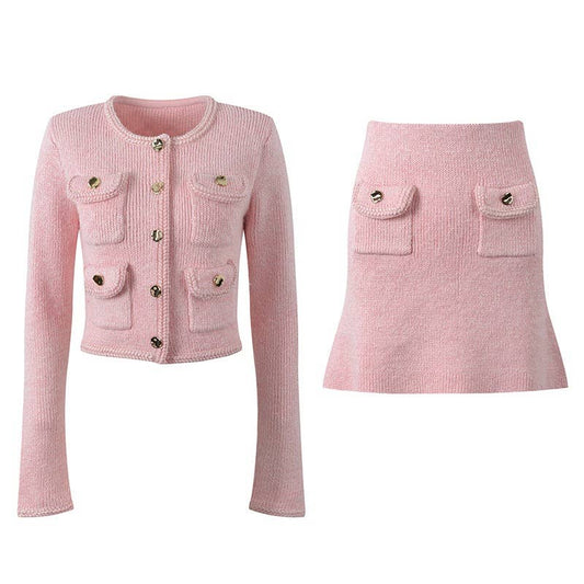 SET229 Pink Tweed Knit Pocket Jacket & Skirt Set ¨C Fall Chic