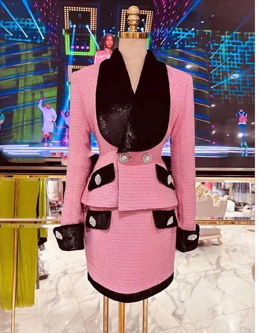 SET-9Y Pink Velvet Patchwork Tweed Jacket and Skirt Set