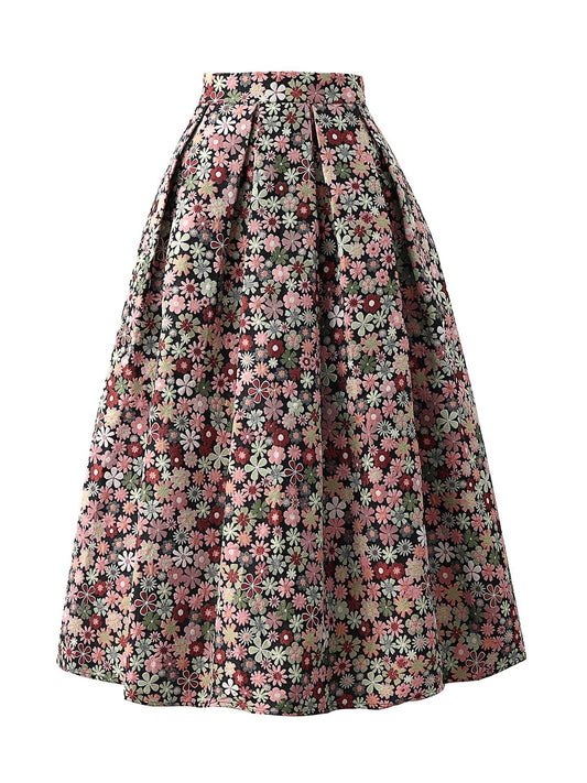 SK96Y 2026 Spring Jacquard Floral Puff Midi Skirt Womens