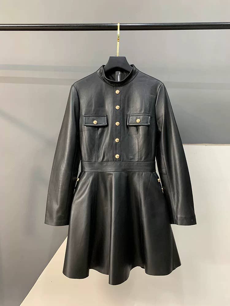 DR878L Women¡¯s High Neck Genuine Sheepskin Leather Dress