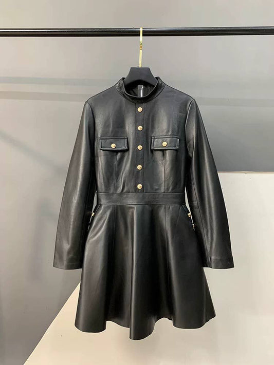 DR878L Women¡¯s High Neck Genuine Sheepskin Leather Dress