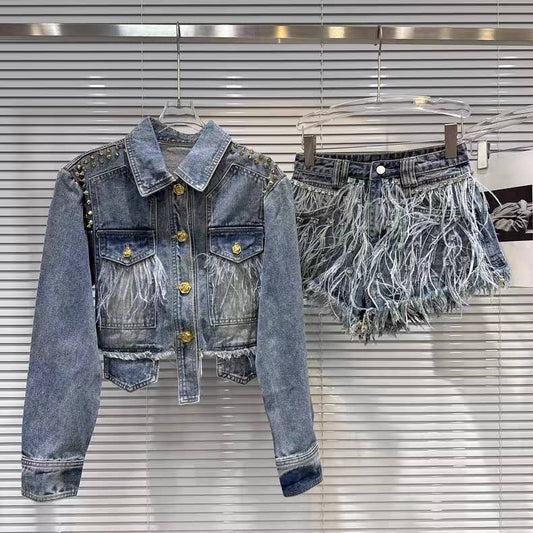 61Y Handmade Rivet Denim Jacket with Feather Beaded Shorts