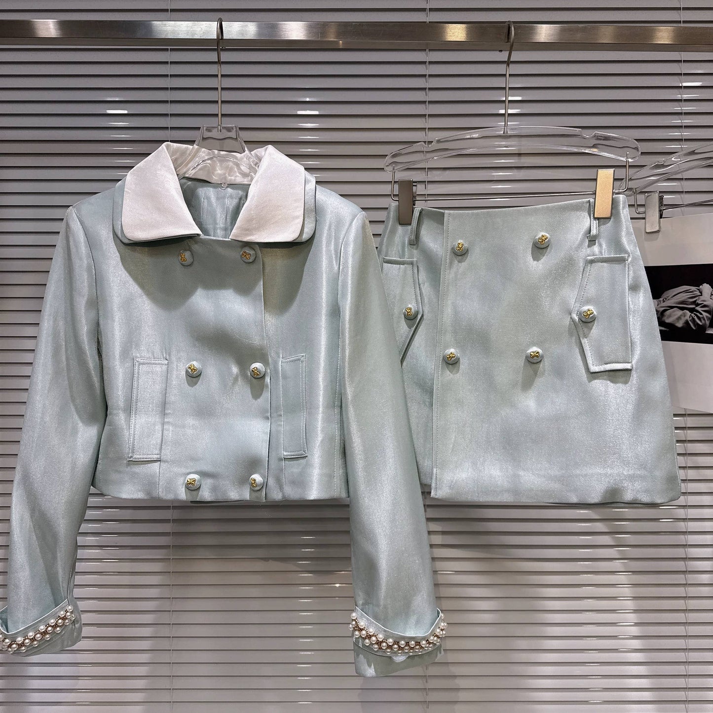 SET184Y  Beaded Cuff Jacket & Skirt Ensemble