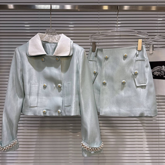 SET184Y  Beaded Cuff Jacket & Skirt Ensemble