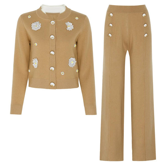 SET277Y 2026 Embroidered Knit Cardigan Jacket and Pants Set