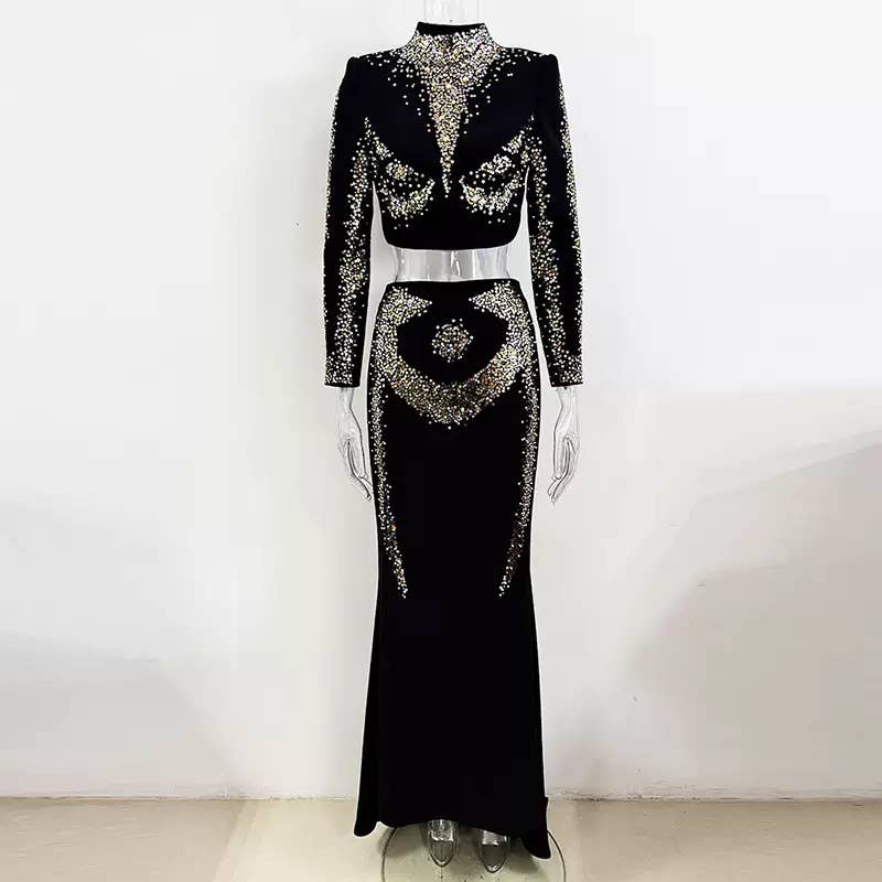 37Y Hand-Embroidered Sequined Short Top & Fishtail Skirt Set