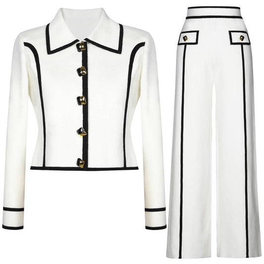 SET91Y Chic Tweed Knit Cardigan Jacket & Trimmed Pants Set