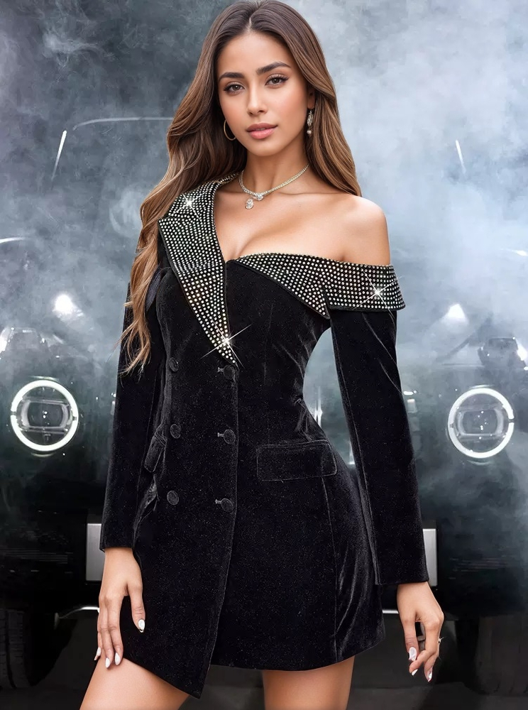 BL30Y Velvet Rhinestone Blazer Dress ¨C Elegant Party Style
