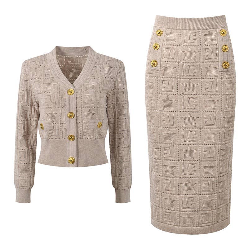 SET209Y Handmade Jacquard Knit V-Neck Cardigan and Skirt Set