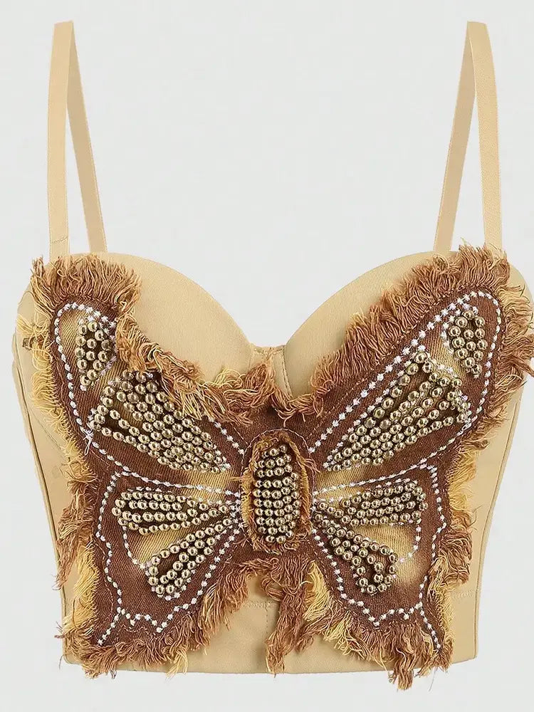 VE004 Edgy Butterfly Tube Top Denim Herringbone Suspenders