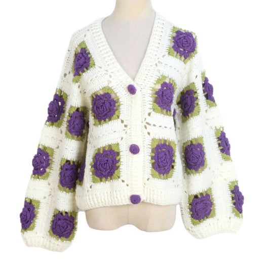 TP50 Hand-Crochet Rose Wool Cardigan with Vintage Charm