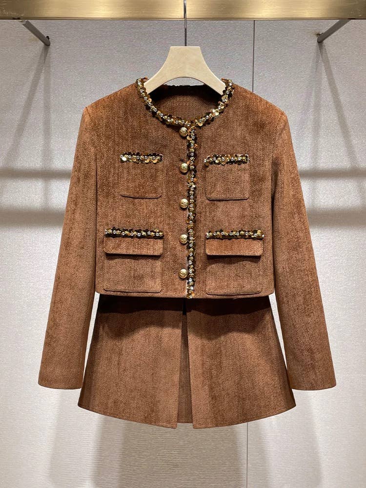 80Y Sequin Rhinestone Tweed Jacket and Skirt Set for Women