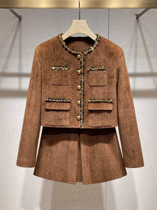 80Y Sequin Rhinestone Tweed Jacket and Skirt Set for Women