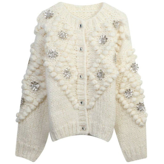 JK142 Hand-Knitted Sequined Flower  Cardigan Sweater