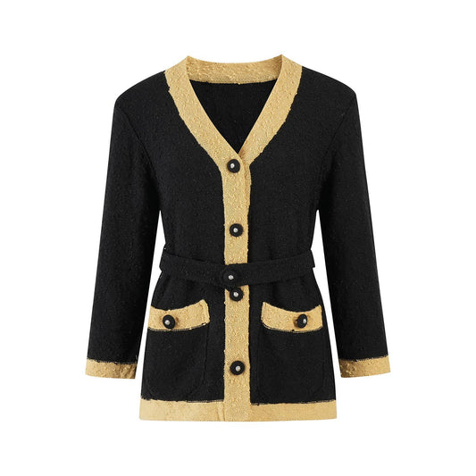 JK137 V-neck Knitted Wool Cardigan with Tie Waist