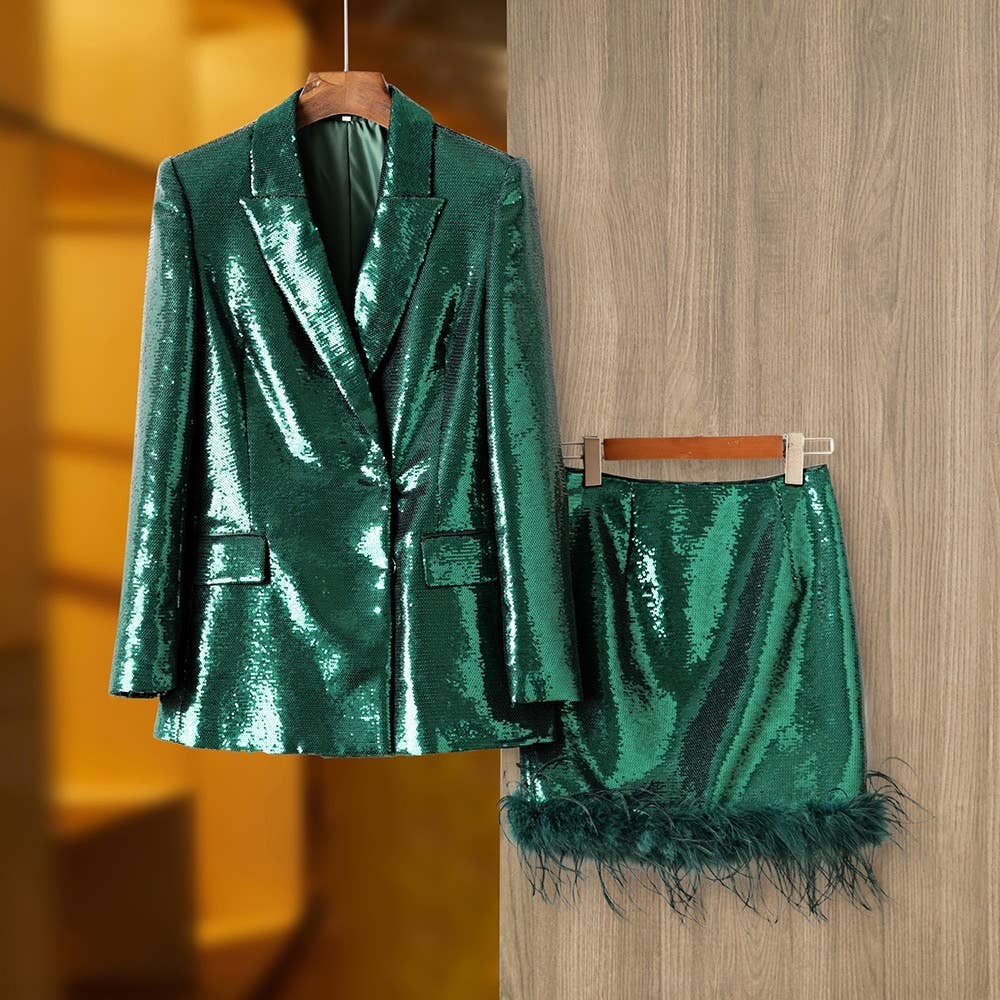 SET060 Dark Green Sequined Feather Blazer And Skirt Suit