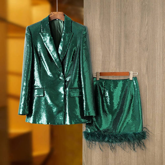 SET060 Dark Green Sequined Feather Blazer And Skirt Suit