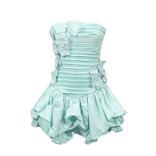 DR701Y Strapless Dress with Ruffled Hem and Floral Detail